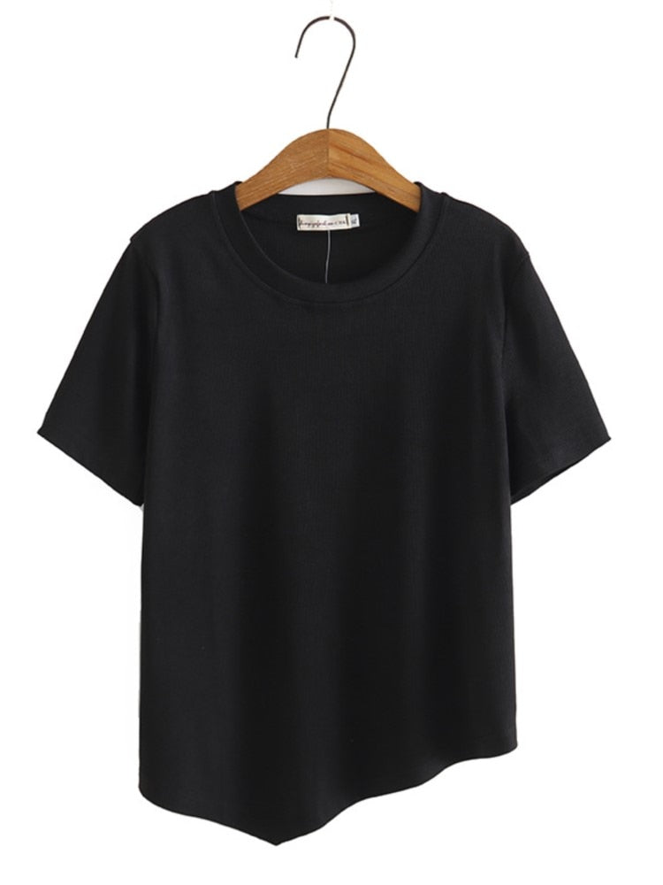 T Shirt Women Clothing Femme Tops Summer Casual O-Neck Short Sleeve Asymmetrical Length Solid Tees