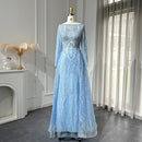 Luxury Crystal Blue Evening Dress with Overskirt Long Sleeves Women Wedding Formal Party Gown
