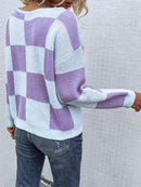 Checkered Drop Shoulder Jumper Sweater Women Round Neck Casual Pullover Spring Autumn Winter Top Female