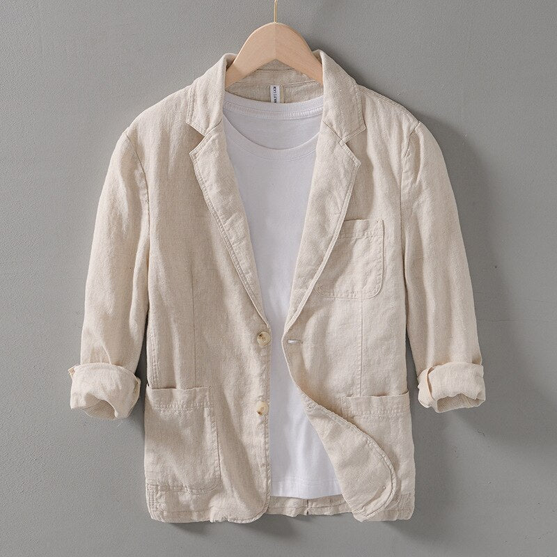 Spring Summer Men Solid Single Button Linen Blazers Style High Quality Retro Casual Daily Suit