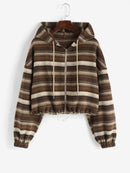 Toggle Drawstring Hem Hooded Crop Jacket Women Zip Up Drop Shoulder Coat Casual Outerwear