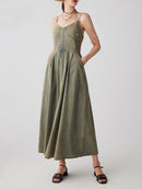 Denim Denim Long Dresses For Women Square Sleeveless High Waist Spliced Pockets Vintage Casual Dress Female Style