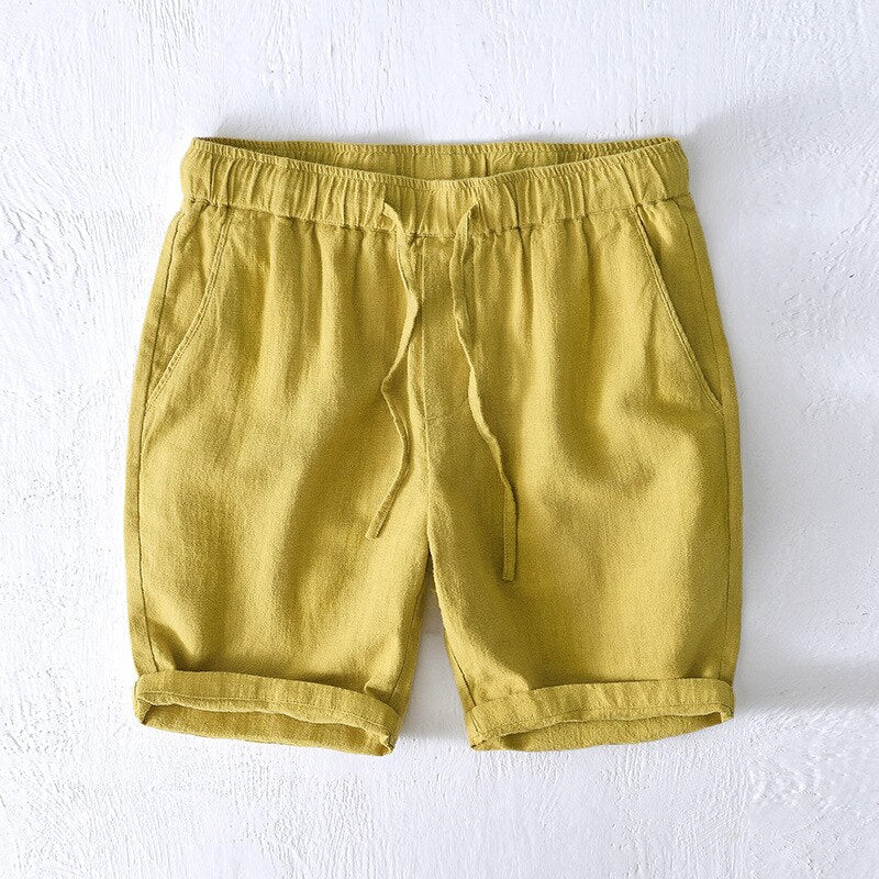 Summer Men Shorts Elastic Waist Drawstring Solid Simple Beach Cotton Linen Male Outfit