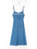 Elegant Party Midi Dress Women France Style Indie Folk Blue Polka Dot Sexy Summer Suspender Dress