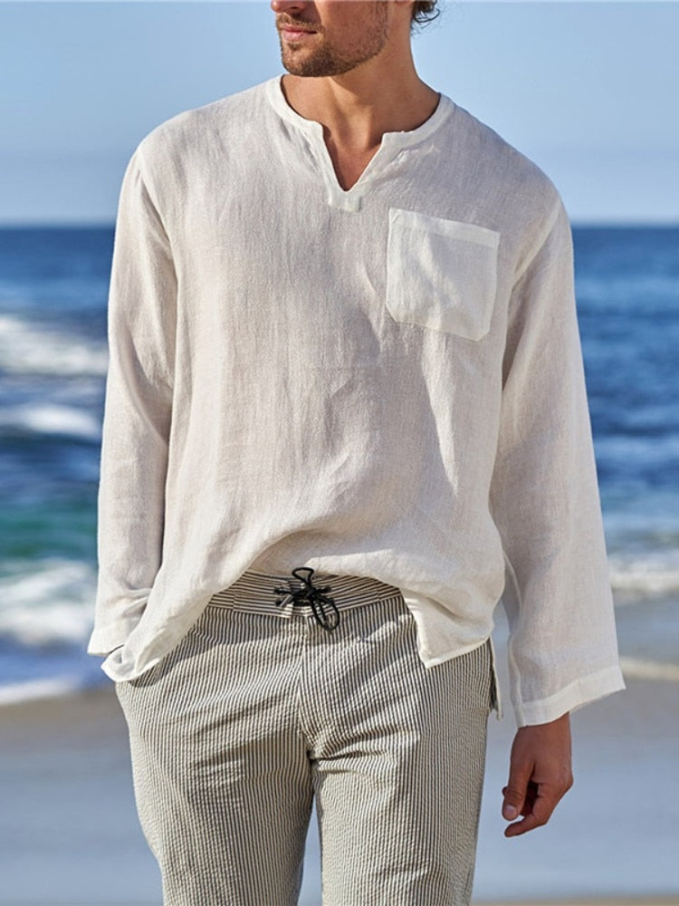 Summer New Men Cotton Linen T-shirt Long Sleeve Mens T Shirts Casual White Loose Top Male Retro T Shirt
