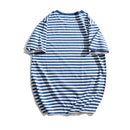 Men Short Sleeve Navy Striped Cotton T-shirt Summer O-neck Casual Loose Pullovers Tops Tees
