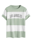 Cotton T-shirt for Men Short Sleeves Round Neck Streetwear Tees LOS ANGELES Letter Striped Preppy Tops