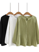 Spring Women Pleated Chiffon Blouses V Necks Long Sleeve Solid Casual Pullover Shirts Loose Tops
