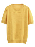Women Ice Jacquard Knitted Summer Tees Casual Short Sleeve O-Neck Solid Tops