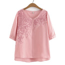 Women Summer Washed Cotton Cross Embroidery V-Neck Tees Middle Aged Tops Oversized Curve Clothes