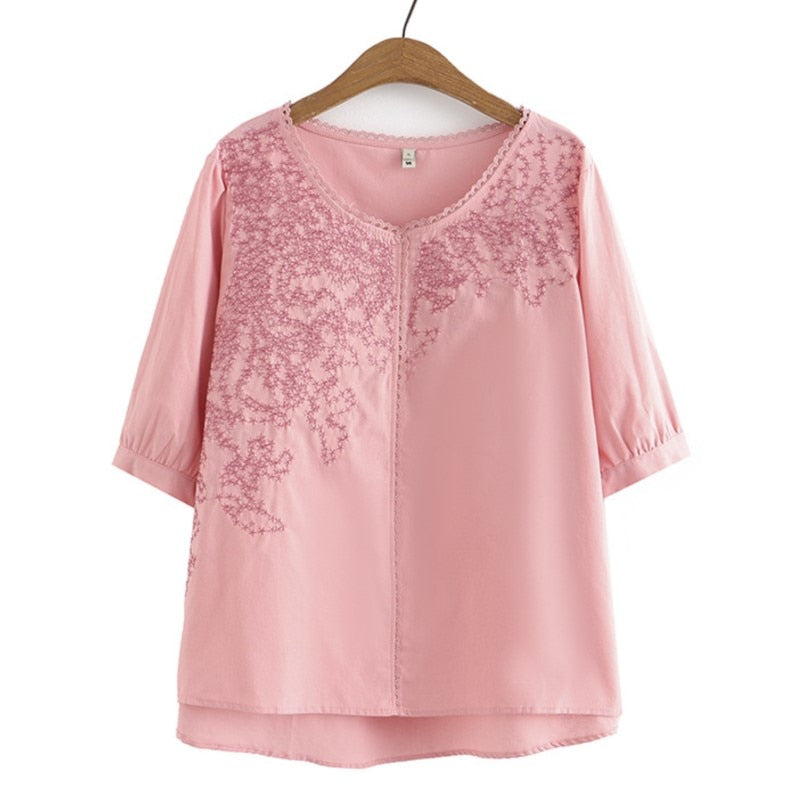 Women Summer Washed Cotton Cross Embroidery V-Neck Tees Middle Aged Tops Oversized Curve Clothes