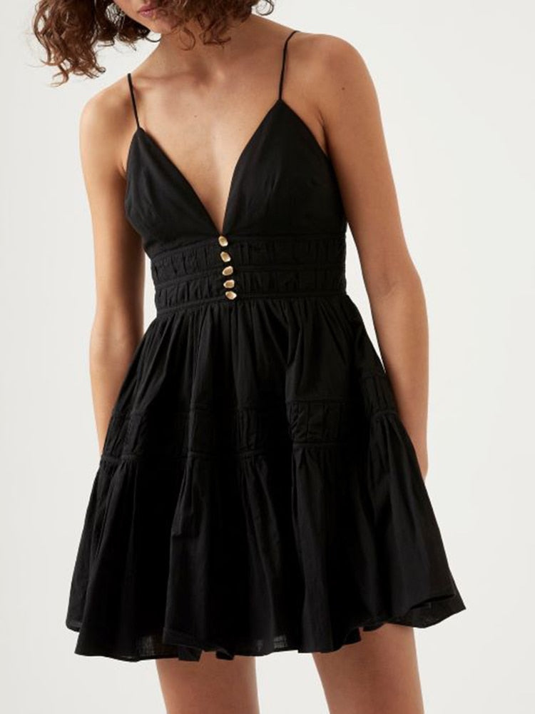 Slim Mini Dresses For Women Deep V Neck Sleeveless High Waist Spliced Ruched Solid Camisole Dress Female Summer