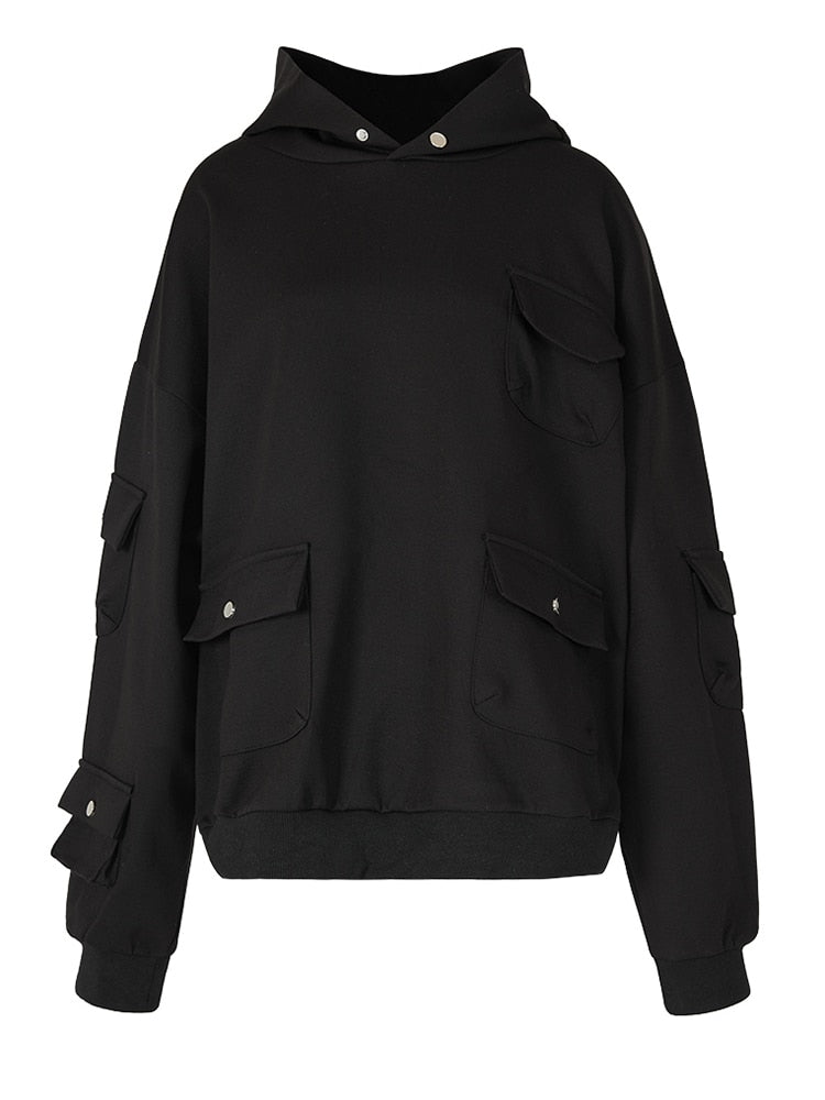 Loose Fit Black Pockets Casual Sweatshirt New Hooded Long Sleeve Women on Tide Spring Autumn