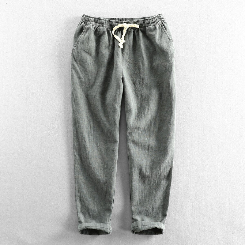 Summer Fall Elastic Waist Solid Men Versatile Cotton Linen Pants Simple Loose Basic Casual Ankle Length Trousers