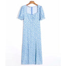 Vintage Blue Floral Summer French Style Indie Folk Square Collar Sexy Beach Forking Midi Dress Women