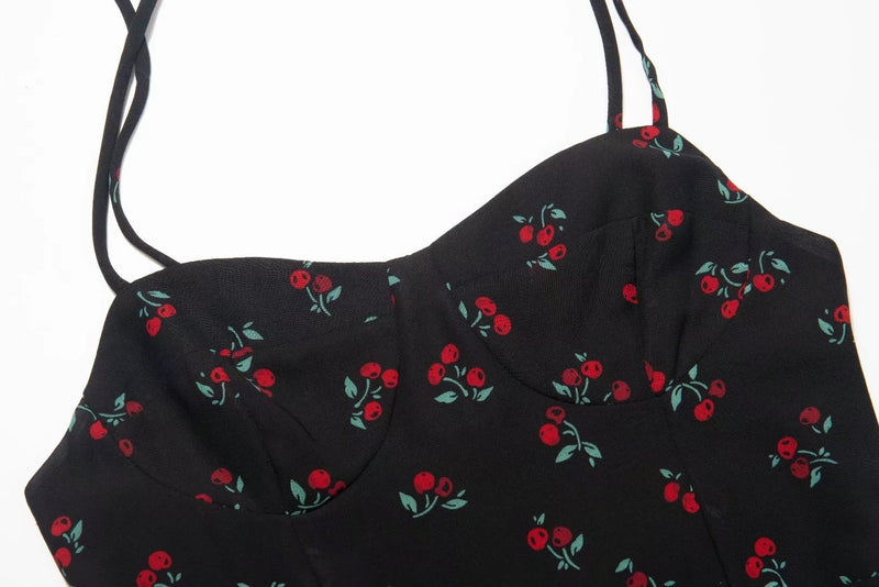 France Sexy Spaghetti Forking Party Dress Indie Folk vintage Cherry Suspender Dress Women