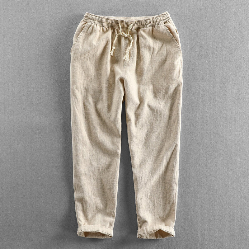 Summer Fall Elastic Waist Solid Men Versatile Cotton Linen Pants Simple Loose Basic Casual Ankle Length Trousers