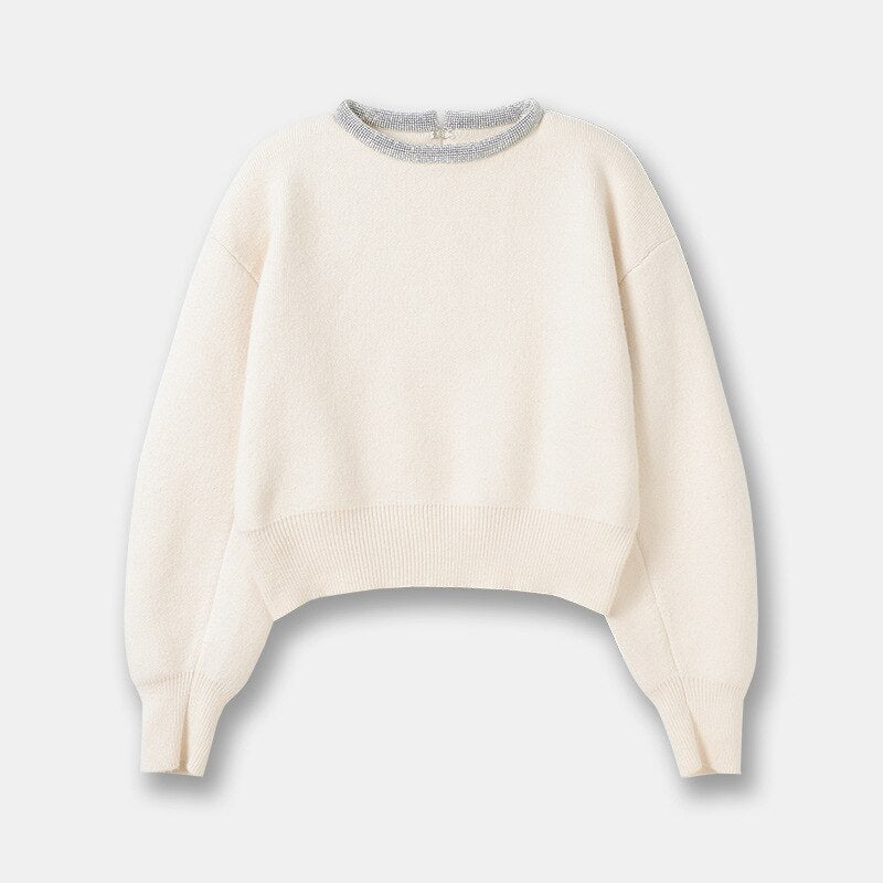 Women Crystal Front Wool Short Rhinestone Cardigan High Quality Knitted Top Shines Winter Sweater Clothing