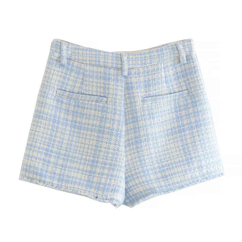 Autumn Shorts England Plaid Texture Woolen High Waist Bermuda Women