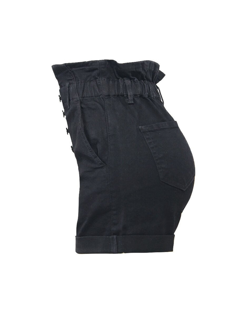 Summer Elegant High Waist Ruffles Folded Denim Shorts Women`s Stretchy Black Shorts Jeans For Women Clothing