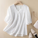 V Neck Elegant Summer Cotton Shirt Ladies Short Sleeve Tops Sweet Loose Lace Women Blouse Casual