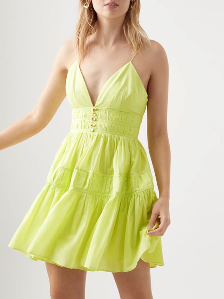 Slim Mini Dresses For Women Deep V Neck Sleeveless High Waist Spliced Ruched Solid Camisole Dress Female Summer