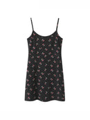 Women Black Cherry Sling Mini Dress Spring Ladies Casual Sleeveless Female Dress