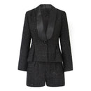 Women Set Suit Long Sleeve Belt Autumn Winter Woolen Shawl Collar Single Button Bow Plaid Shorts