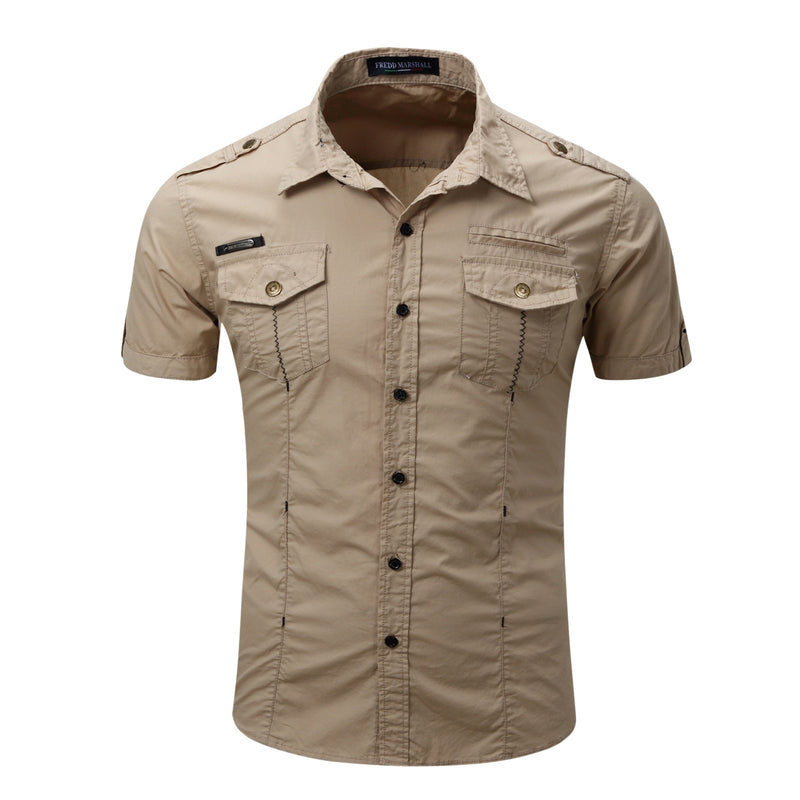 America Men& Short Sleeve Military Outdoor Cargo Shirts Premium Cotton Casual Loose Pockets Blouses Tops Male