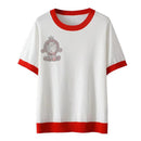 T-Shirt For Women Clothes Ice Silk Knitted Tops Casual Hot Drill Little Monkey Contrast Tee Summer