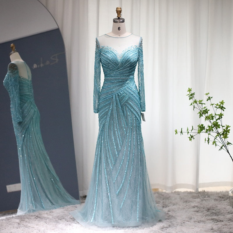 Sharon Said Luxury Dubai Blue Mermaid Evening Dresses for Women Wedding Elegant White Long Sleeve Formal Prom Gowns