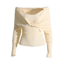 Irregular Slimming Pullovers For Women Slash Neck Long Sleeve Patchwork Lace Up Knitting Sweaters Female Spring