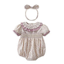 Newborn Babies Spring Fall Jumpsuits Kids Floral Smocking Rompers with Head-wear Baby Girls Smocked Casual Soft