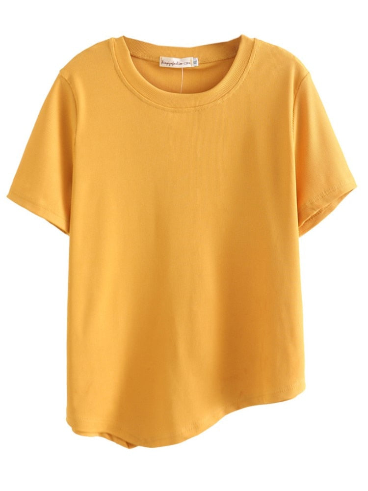 T Shirt Women Clothing Femme Tops Summer Casual O-Neck Short Sleeve Asymmetrical Length Solid Tees
