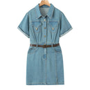 Dress Women Clothes Summer Short Sleeve Belt Chic Retro Denim One-Piece Oversized Curve
