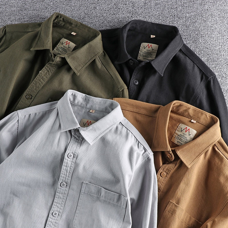 Twill Cotton Cargo Shirt For Men America Style Simple Casual Loose Overalls Blouse Pocket Long Sleeve Vintage Versatile Male Top
