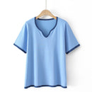 T-Shirt For Women Clothes Casual Ice Silk Knitted Tops Peach Collar Contrast Tee Summer