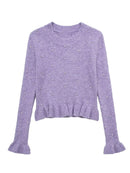 Women Diamonds Round Neck Knitted Pullover Solid Color Long Sleeve Ruffle Sweater Casual Style Winter