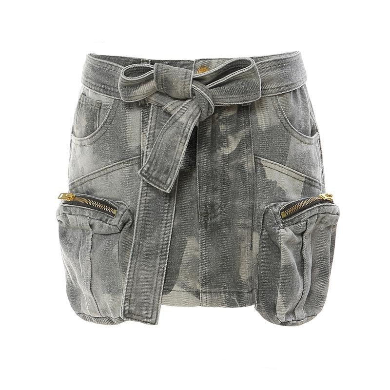 Women Skirts Early Spring Summer Camouflage Zipper Pocket Decoration Low Waist Denim Skirt With Belt