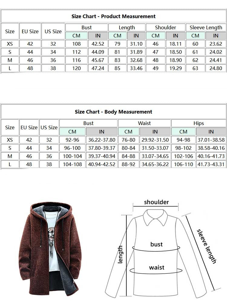 Fleece-lined Sweatercoat for Men Zipper Long Hooded Cardigan Solid Thicken Outerwear Fall Winter Warm Jackets Sweater