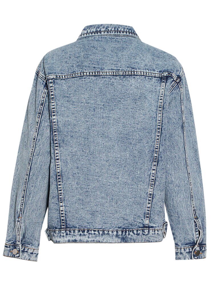 Streetwear Denim Jacket For Women Lapel Long Sleeve Patchwork Pockets Solid Single Breasted Jackets Female Clothing
