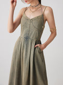 Denim Denim Long Dresses For Women Square Sleeveless High Waist Spliced Pockets Vintage Casual Dress Female Style