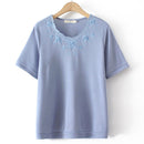 Women Clothing Fashion Embroidered Ice Silk Knitting Tops Loose And Casual Curve Tees Summer