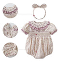 Newborn Babies Spring Fall Jumpsuits Kids Floral Smocking Rompers with Head-wear Baby Girls Smocked Casual Soft