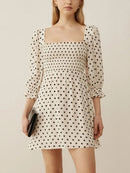 Women Dresses Summer Elegant Square Neck Back Tie Vintage Polka Dot Dress Woman 3/4 Puff Sleeve Smocked Casual Mini Dress