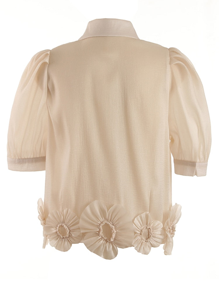 Women Apricot Flower Thin Elegant Blouse Lapel Short Puff Sleeve Loose Fit Shirt Spring