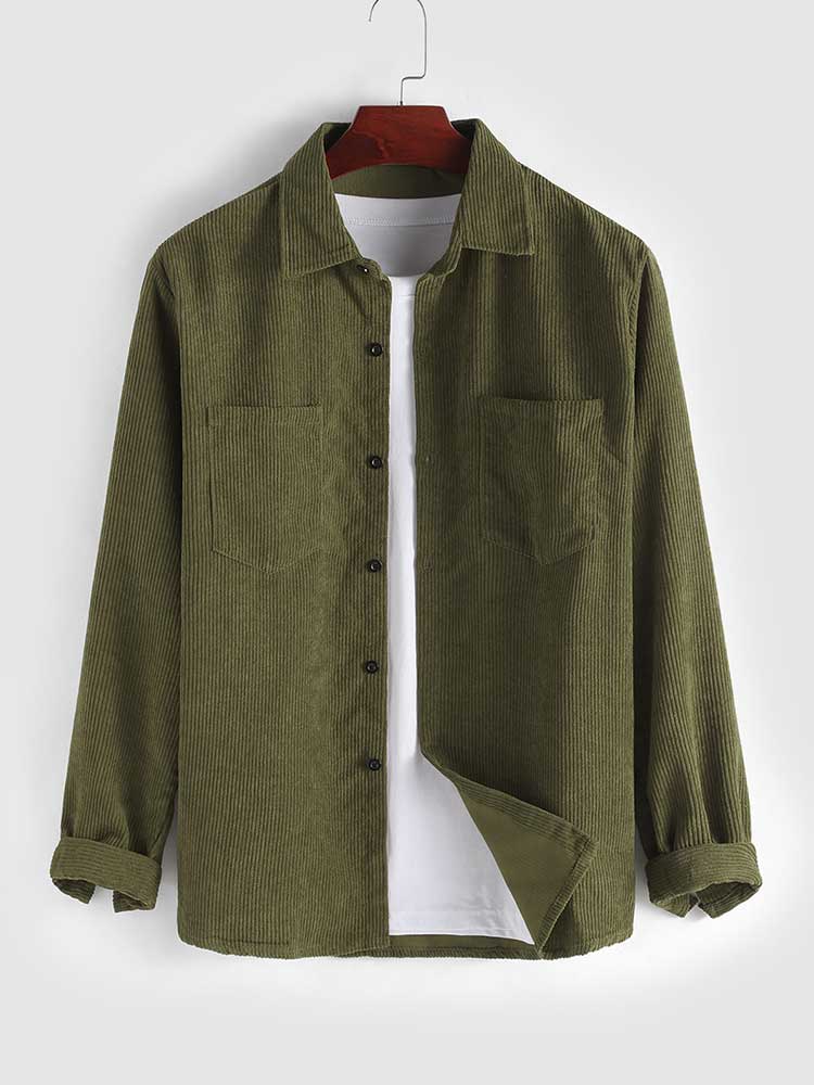 Men Shirts Corduroy Long Sleeves Shirt with Pocket Fall Winter Solid Shacket Vintage Streetwear Blouse Tops Unisex Style