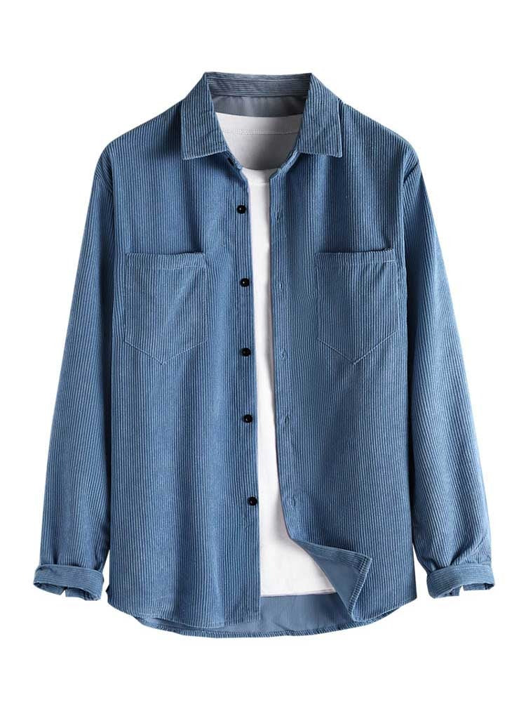 Men Shirts Corduroy Long Sleeves Shirt with Pocket Fall Winter Solid Shacket Vintage Streetwear Blouse Tops Unisex Style