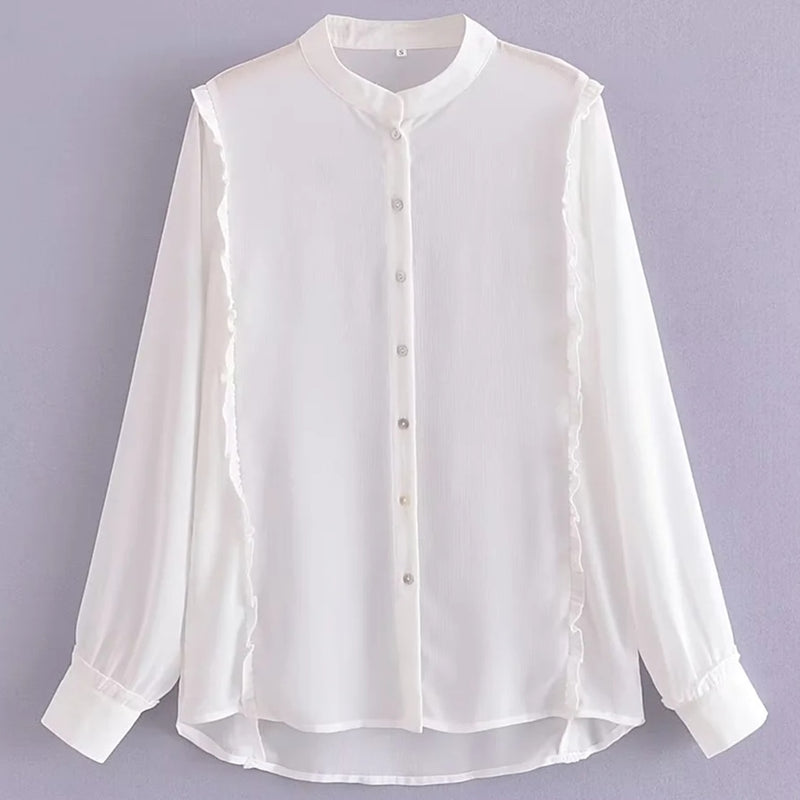 England Style Stand Collar Blouse Ruffles Chiffon Shirt Long Sleeve Blouse Women Tops