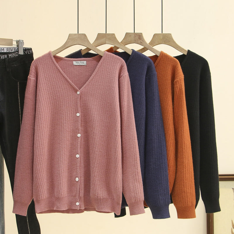 Women Knitted Cardigan Temperament Pure V-Neck Jumpers Autumn Basic Long Sleeve Curve Sweater